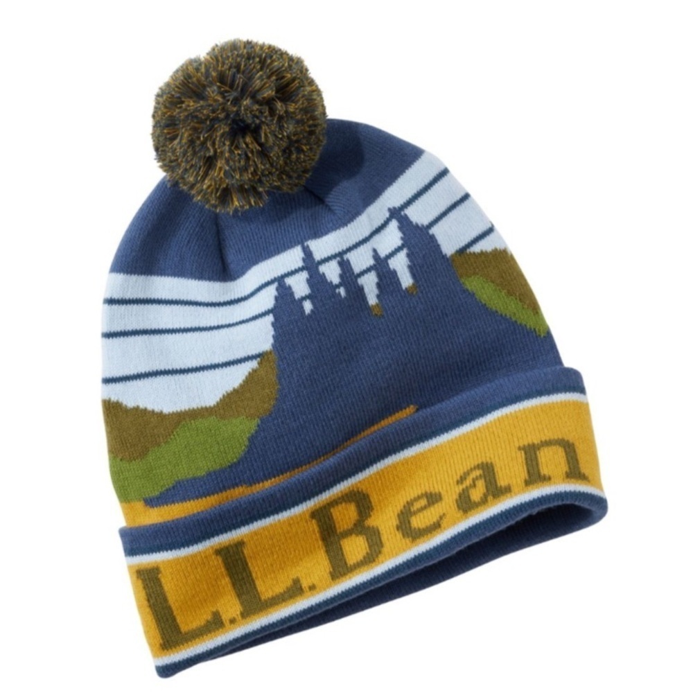 L.L. Bean Knit Pom Pom Hat Graphic Yellow Ochre Kelp Green NWT